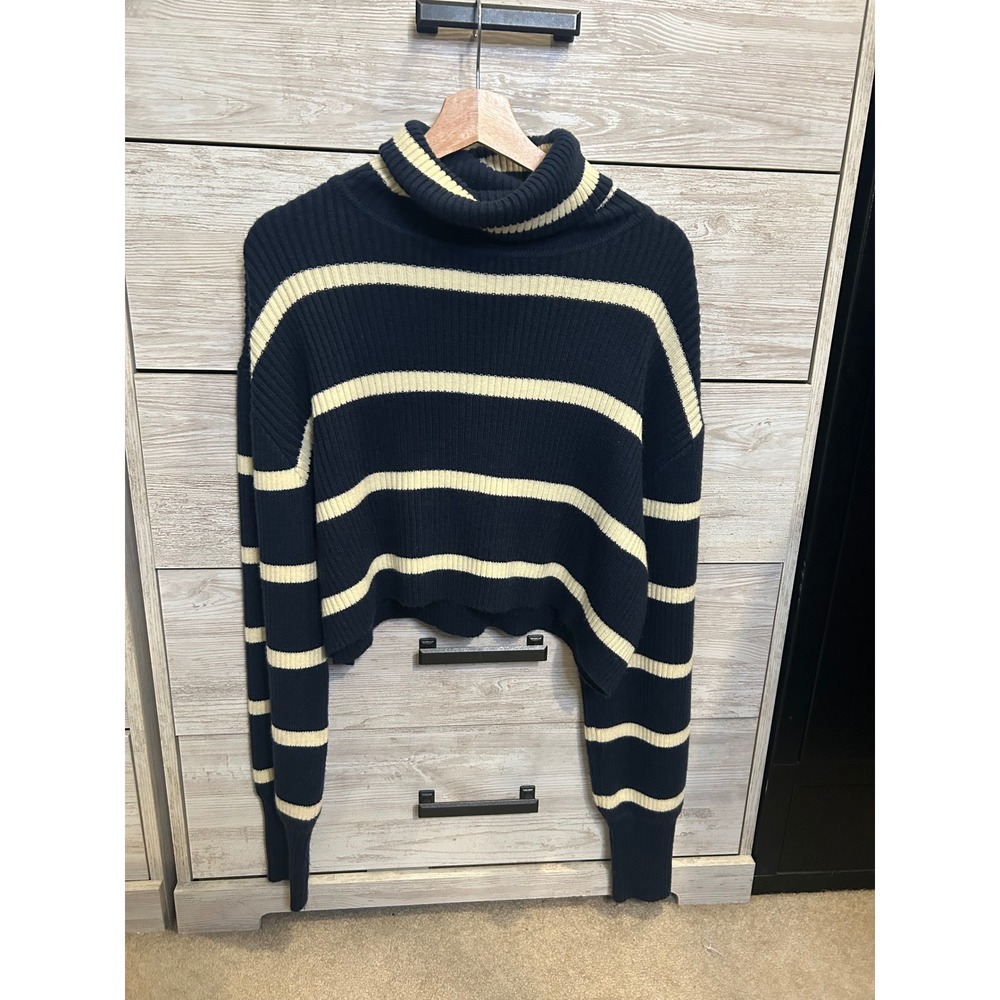 Altar'd State Womens Navy Blue Cream Striped Ribbed Cropped Turtleneck Sweater L